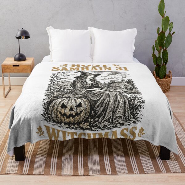 Item preview, Samhain Witch with Black Cat Cottage Witch Vintage Halloween Woodcut Pumpkin Autumn Harvest Art designed and sold by Yellowriversss.