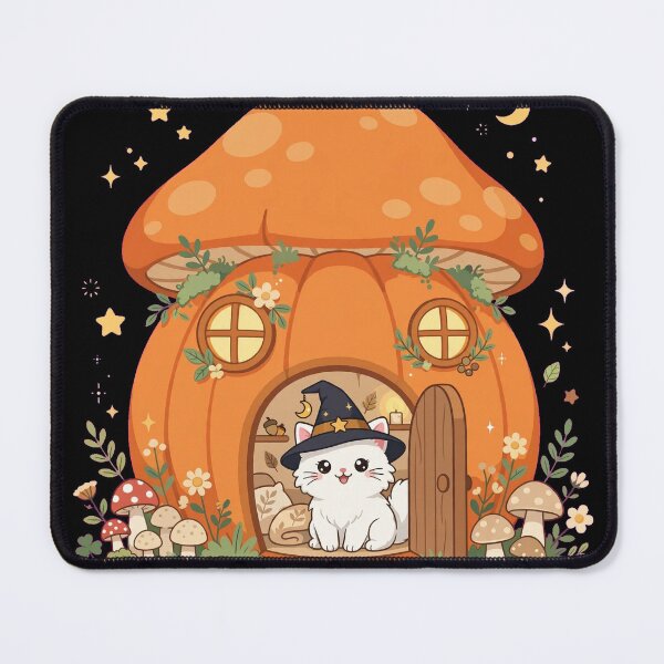 Item preview, White Witch Cat in Pumpkin Mushroom House - Cozy Cottagecore Halloween - Dark Version designed and sold by Aisha Reda.