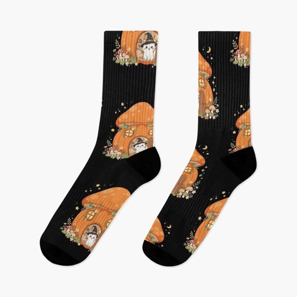 Item preview, White Witch Cat in Pumpkin Mushroom House - Cozy Cottagecore Halloween - Dark Version designed and sold by Aisha Reda.