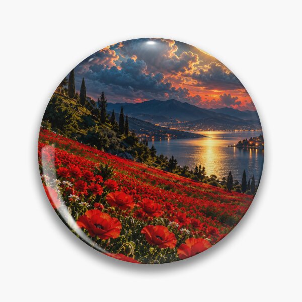 Item preview, Red Poppy Fields Moonlit Lake Mediterranean Landscape designed and sold by IRON SIREN.