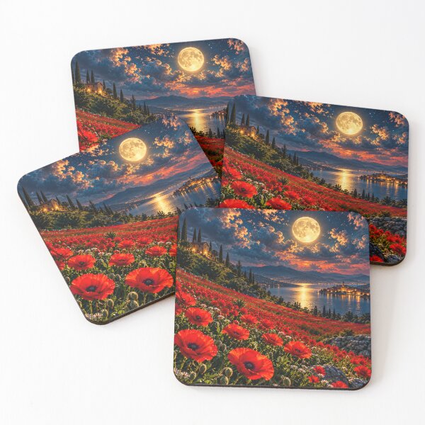 Item preview, Red Poppy Fields Moonlit Lake Mediterranean Landscape designed and sold by IRON SIREN.
