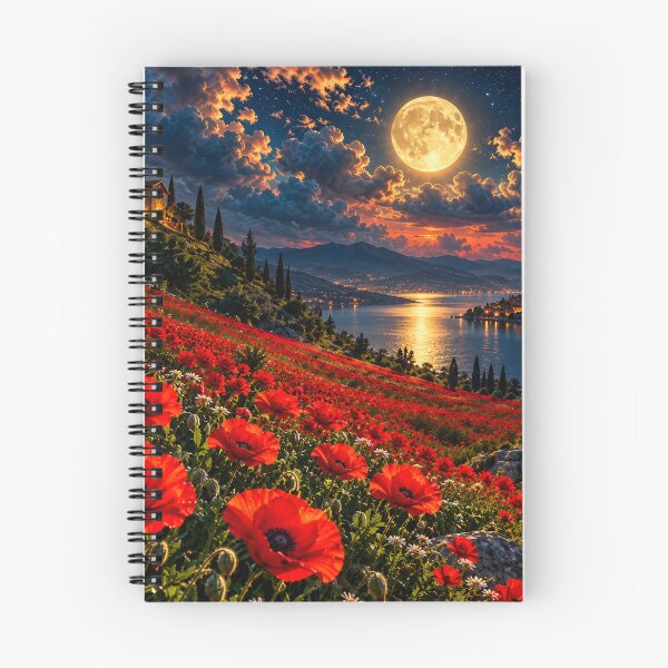 Item preview, Red Poppy Fields Moonlit Lake Mediterranean Landscape designed and sold by IRON SIREN.