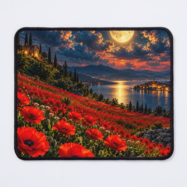 Item preview, Red Poppy Fields Moonlit Lake Mediterranean Landscape designed and sold by IRON SIREN.