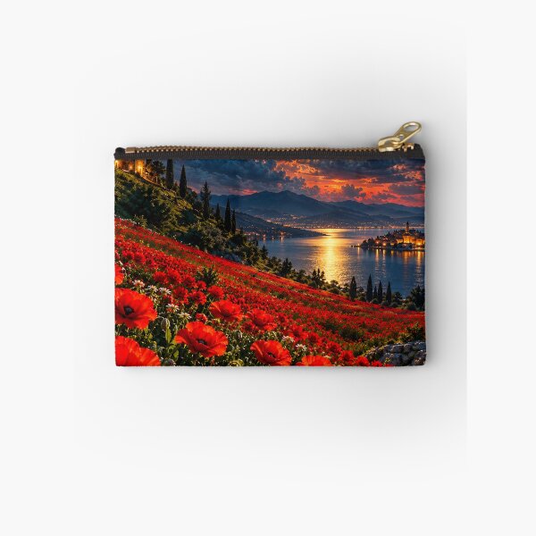 Item preview, Red Poppy Fields Moonlit Lake Mediterranean Landscape designed and sold by IRON SIREN.