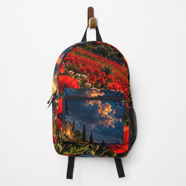 Item preview, Red Poppy Fields Moonlit Lake Mediterranean Landscape designed and sold by IRON SIREN.