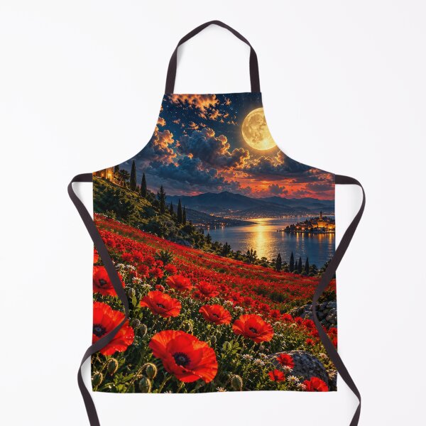 Item preview, Red Poppy Fields Moonlit Lake Mediterranean Landscape designed and sold by IRON SIREN.