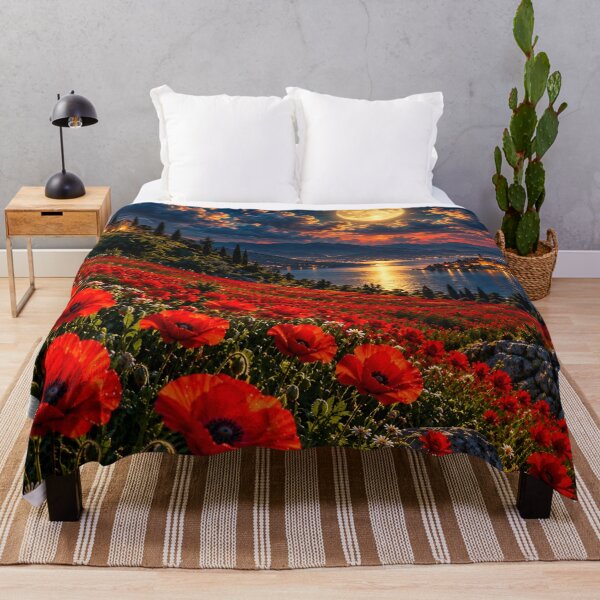 Item preview, Red Poppy Fields Moonlit Lake Mediterranean Landscape designed and sold by IRON SIREN.