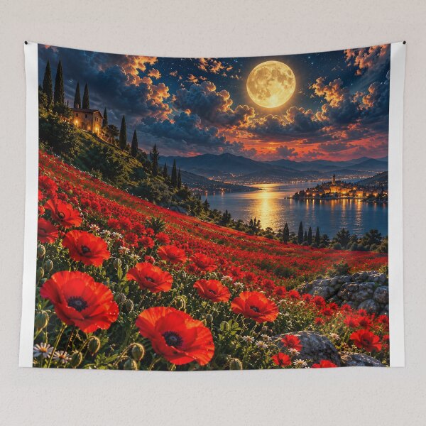 Item preview, Red Poppy Fields Moonlit Lake Mediterranean Landscape designed and sold by IRON SIREN.