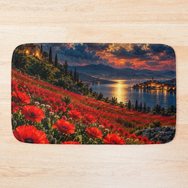 Item preview, Red Poppy Fields Moonlit Lake Mediterranean Landscape designed and sold by IRON SIREN.