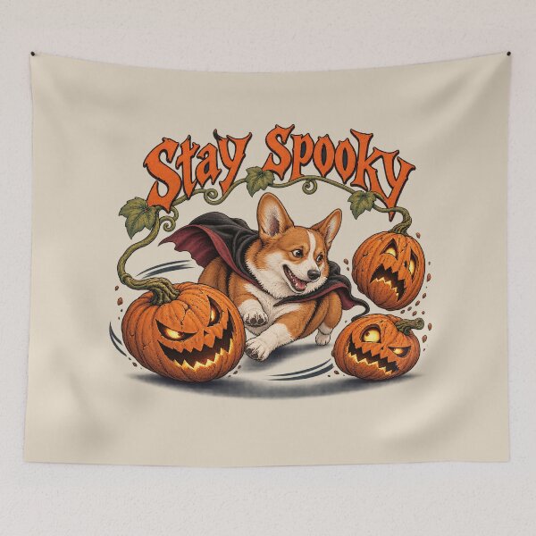 Item preview, Stay Spooky Running Vampire Corgi Dog & Pumpkins designed and sold by MythicCotton.