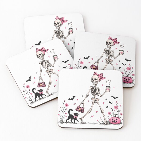 Item preview, Pink Halloween Skeleton Coffee Girl With Black Cat & Pumpkin designed and sold by RaspberryParty.