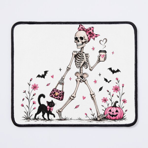 Item preview, Pink Halloween Skeleton Coffee Girl With Black Cat & Pumpkin designed and sold by RaspberryParty.