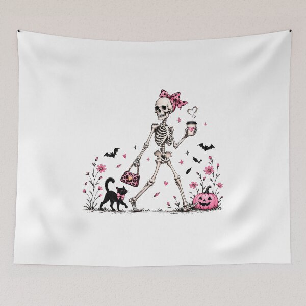 Item preview, Pink Halloween Skeleton Coffee Girl With Black Cat & Pumpkin designed and sold by RaspberryParty.