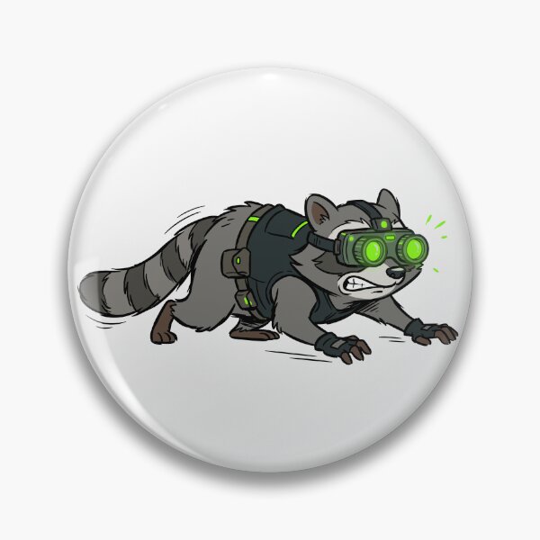 Item preview, A raccoon in tactical gear and glowing green night-vision goggles crawls stealthily on its belly. designed and sold by ElegantOutlines.