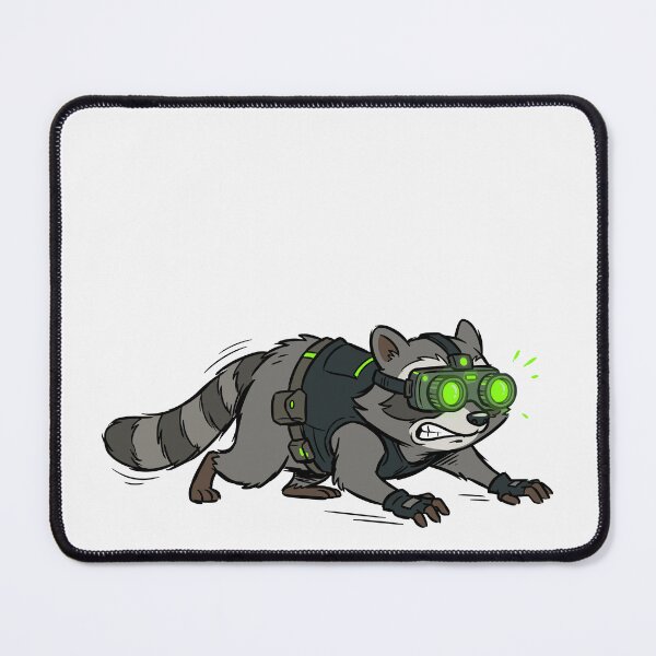 Item preview, A raccoon in tactical gear and glowing green night-vision goggles crawls stealthily on its belly. designed and sold by ElegantOutlines.
