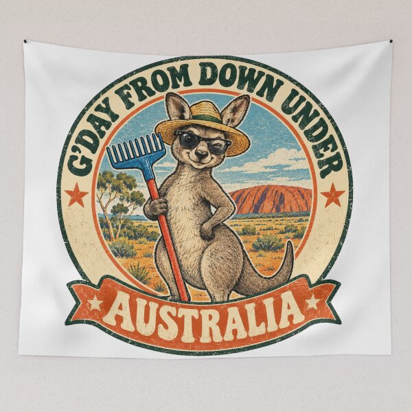 Item preview, G'day From Down Under Australia Funny Kangaroo with Sunglasses Uluru Outback Retro Badge designed and sold by Yellowriversss.