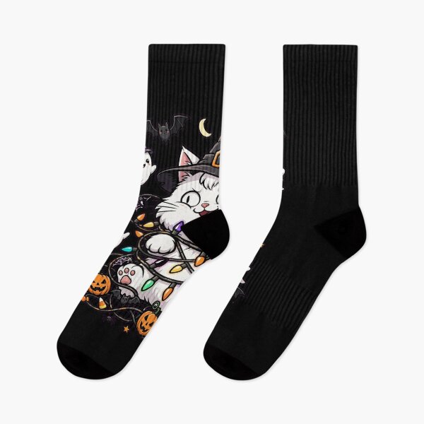 Item preview, Funny Halloween Cat Tangled in Christmas Lights - Cute Spooky Cat - Ghost and Pumpkin Lights designed and sold by Aisha Reda.