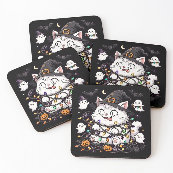 Item preview, Funny Halloween Cat Tangled in Christmas Lights - Cute Spooky Cat - Ghost and Pumpkin Lights designed and sold by Aisha Reda.