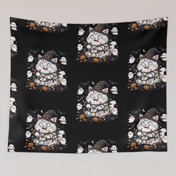 Item preview, Funny Halloween Cat Tangled in Christmas Lights - Cute Spooky Cat - Ghost and Pumpkin Lights designed and sold by Aisha Reda.