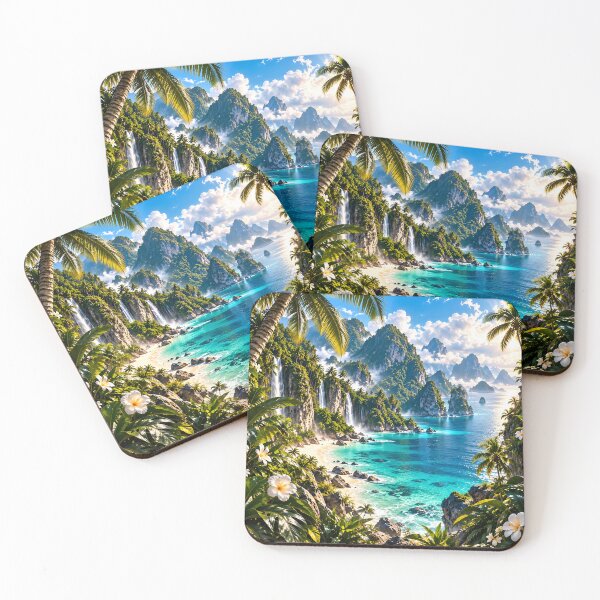 Item preview, Tropical White Plumeria Paradise Turquoise Ocean Waterfalls designed and sold by IRON SIREN.