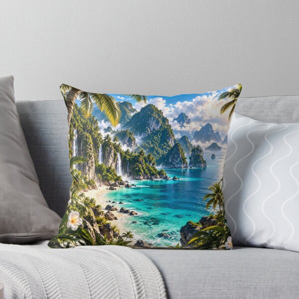 Item preview, Tropical White Plumeria Paradise Turquoise Ocean Waterfalls designed and sold by IRON SIREN.