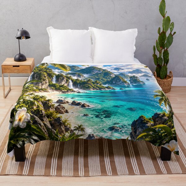 Item preview, Tropical White Plumeria Paradise Turquoise Ocean Waterfalls designed and sold by IRON SIREN.