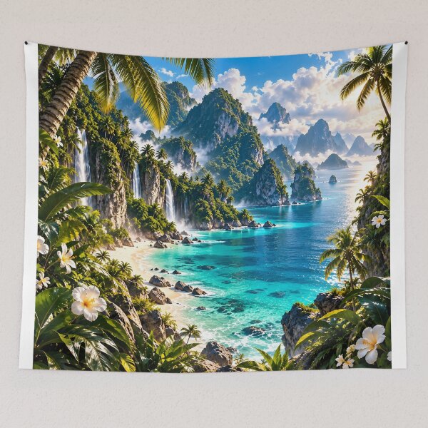 Item preview, Tropical White Plumeria Paradise Turquoise Ocean Waterfalls designed and sold by IRON SIREN.