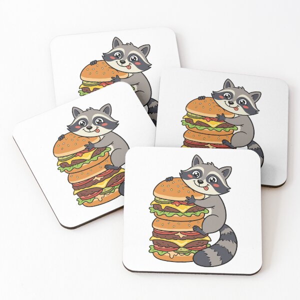 Item preview, A cute raccoon hugs a giant multi-layer cheeseburger, showcasing its playful and affectionate nature designed and sold by ElegantOutlines.