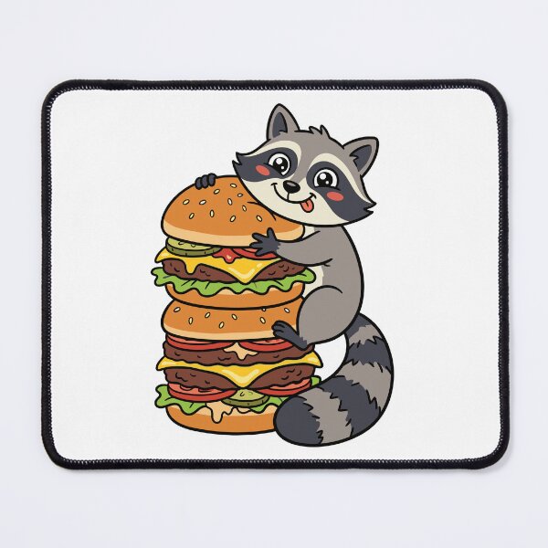 Item preview, A cute raccoon hugs a giant multi-layer cheeseburger, showcasing its playful and affectionate nature designed and sold by ElegantOutlines.