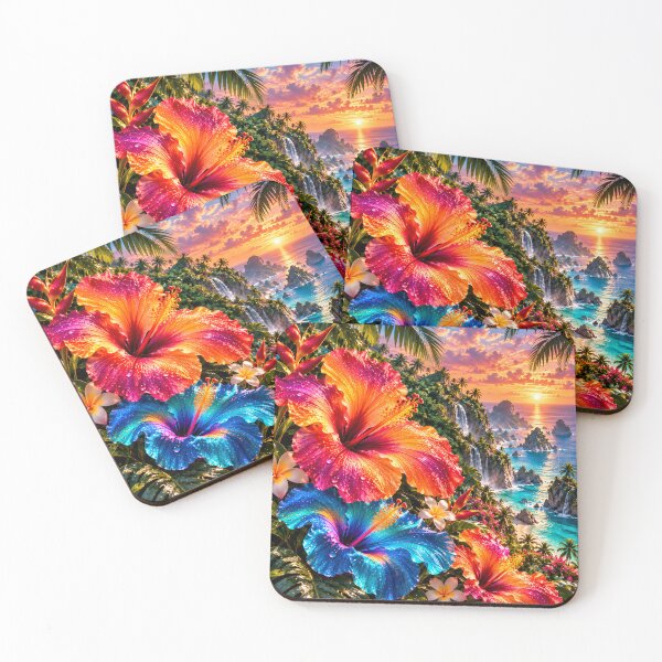 Item preview, Colorful Tropical Hibiscus Flowers Sunset Ocean Paradise designed and sold by IRON SIREN.