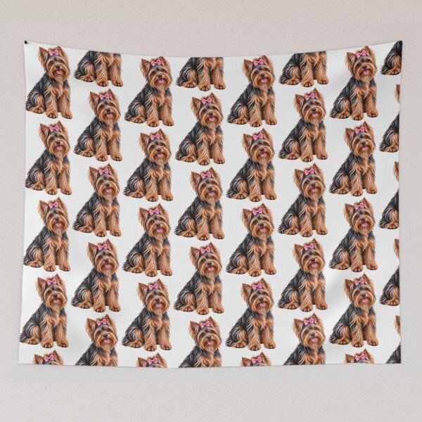 Item preview, Girl Yorkshire terrier dog blue and tan pink bow designed and sold by BackgroundND.