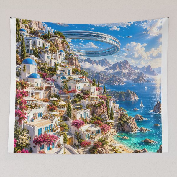 Item preview, Futuristic Greek Village Turquoise Sea Mediterranean Paradise designed and sold by IRON SIREN.