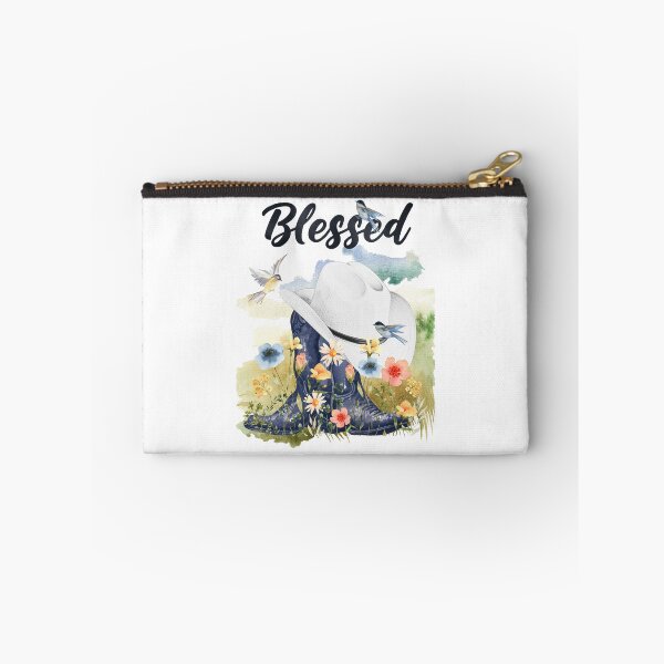 Artikelvorschau, Gesegnet mit Cowboy-Stiefeln und -Hut, Wildblumen, Vögeln und Wiesenhintergrund entworfen und verkauft von JeweledDesigns.