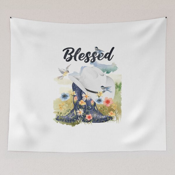 Item preview, Blessed with Cowboy Boots/Hat, Wildflowers, Birds & Meadow Background designed and sold by JeweledDesigns.