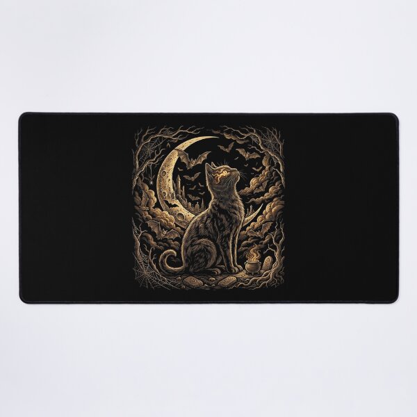 Item preview, Witchy Black Cat Crescent Moon Halloween Gothic Engraving designed and sold by Retro Whiskers.