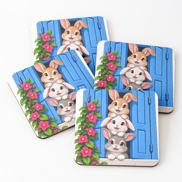 Item preview, Cute Bunny Trio Blue Window Floral Spring Animal Design designed and sold by ArtSpark Studio.