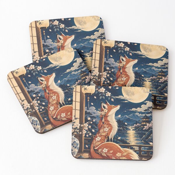 Item preview, Japanese Fox Under Full Moon Cherry Blossom Art designed and sold by Gold Turtle  Lina.