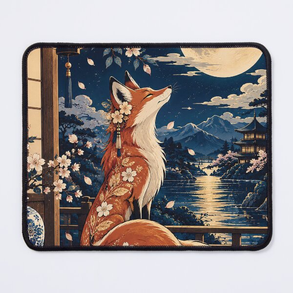 Item preview, Japanese Fox Under Full Moon Cherry Blossom Art designed and sold by Gold Turtle Lina.