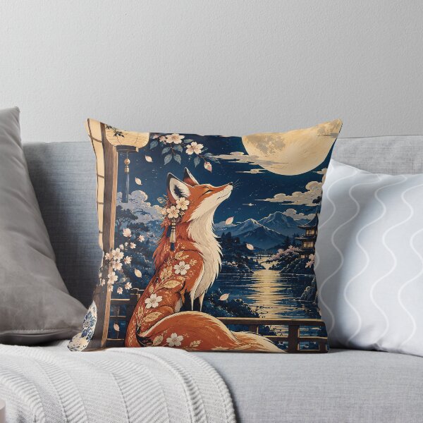 Item preview, Japanese Fox Under Full Moon Cherry Blossom Art designed and sold by Gold Turtle  Lina.