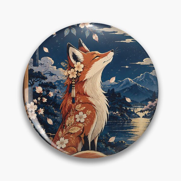 Item preview, Japanese Fox Under Full Moon Cherry Blossom Art designed and sold by Gold Turtle  Lina.