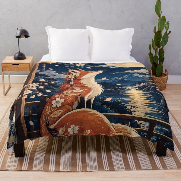 Item preview, Japanese Fox Under Full Moon Cherry Blossom Art designed and sold by Gold Turtle Lina.