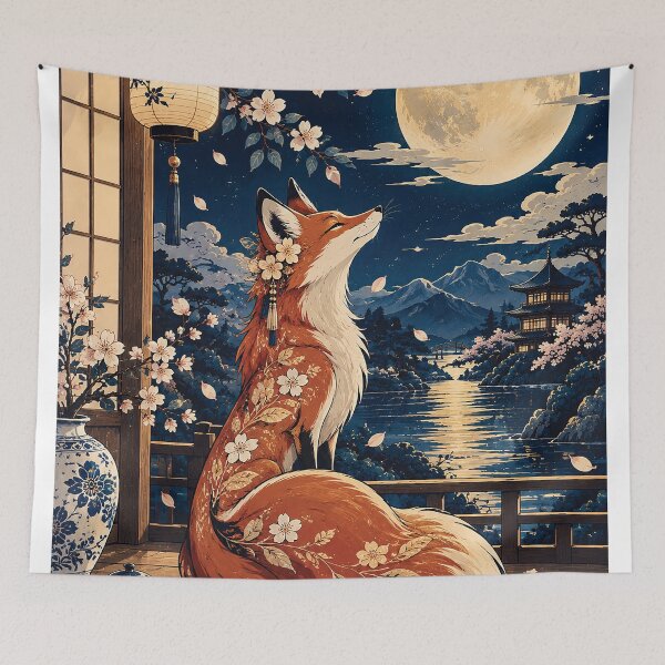 Item preview, Japanese Fox Under Full Moon Cherry Blossom Art designed and sold by Gold Turtle  Lina.