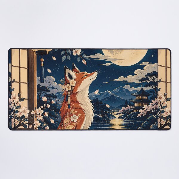 Item preview, Japanese Fox Under Full Moon Cherry Blossom Art designed and sold by Gold Turtle Lina.