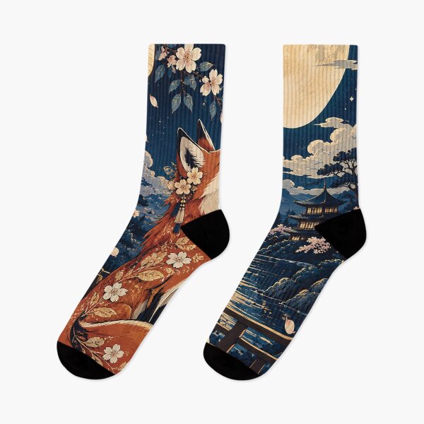 Item preview, Japanese Fox Under Full Moon Cherry Blossom Art designed and sold by Gold Turtle  Lina.