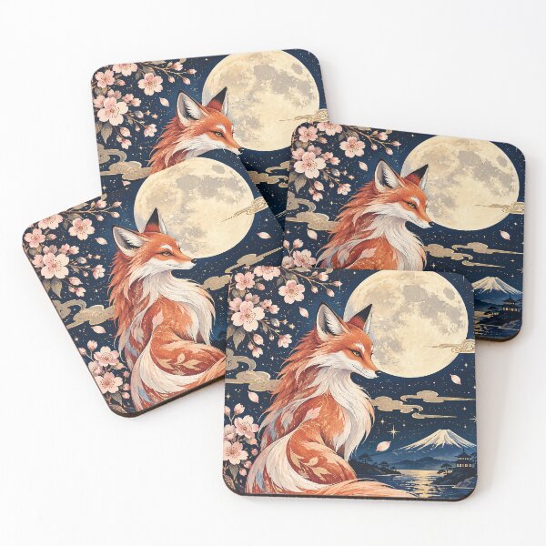 Item preview, Japanese Fox Full Moon Cherry Blossom Art designed and sold by Gold Turtle  Lina.