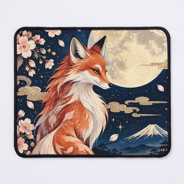 Item preview, Japanese Fox Full Moon Cherry Blossom Art designed and sold by Gold Turtle  Lina.