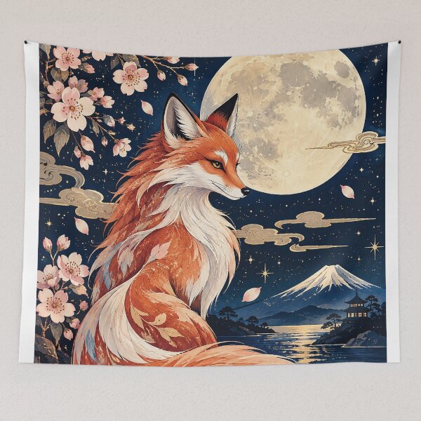 Item preview, Japanese Fox Full Moon Cherry Blossom Art designed and sold by Gold Turtle  Lina.