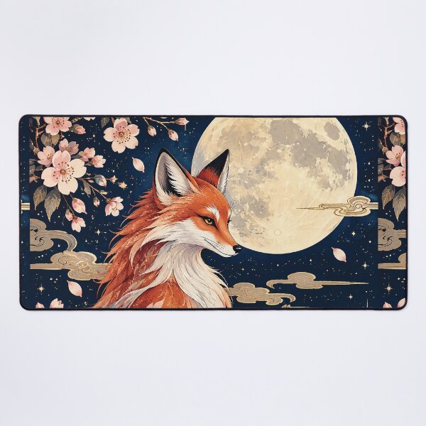 Item preview, Japanese Fox Full Moon Cherry Blossom Art designed and sold by Gold Turtle Lina.
