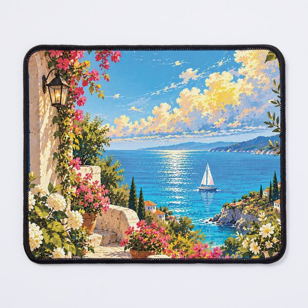 Item preview, Mediterranean Seaside Village Floral Coastal Art designed and sold by Gold Turtle Lina.
