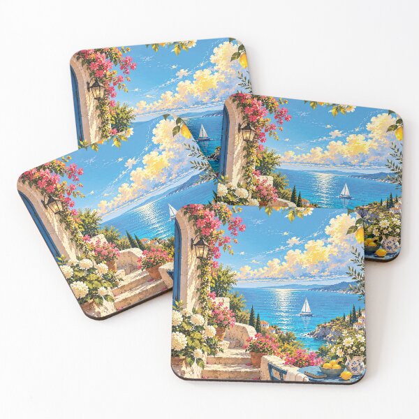 Item preview, Mediterranean Seaside Village Floral Coastal Art designed and sold by Gold Turtle  Lina.